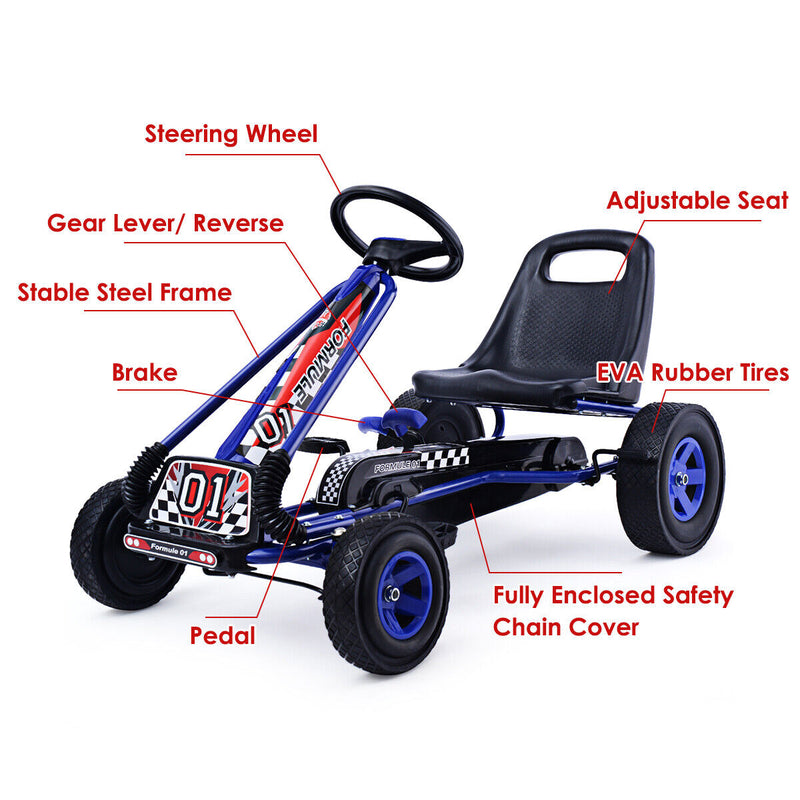 Blue Adjustable Seat Pedal Go Kart for Kids - 4 Wheel Ride On Toy
