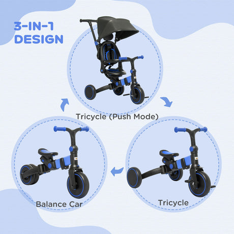 Blue Qaba Toddler Tricycle with Adjustable Push Handle and Durable Aluminum Frame