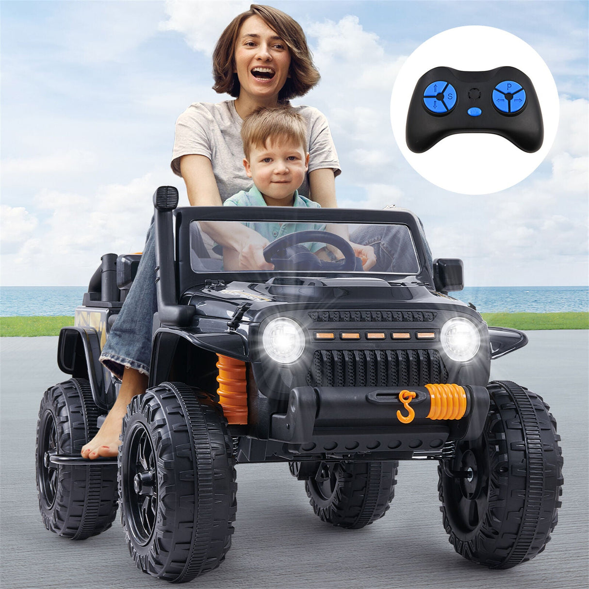 KLOKICK 14V Electric Ride-On Truck for Kids with 2 Seats, Remote Control, and FM Radio