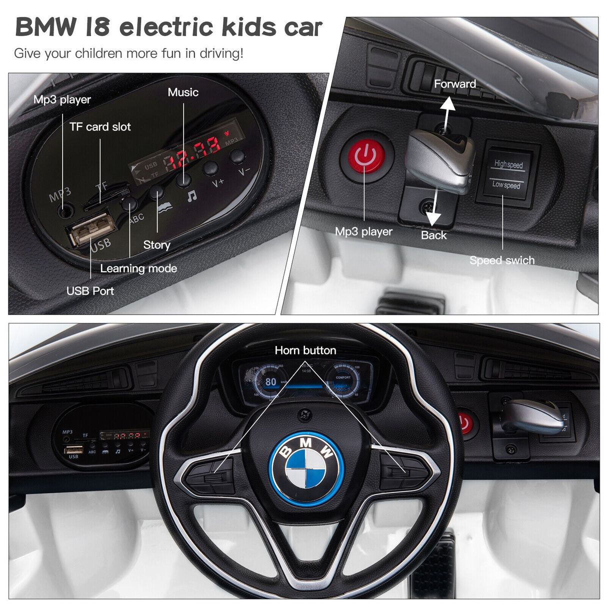 BMW I8 Coupe 12V Electric Ride-On Car for Kids with Remote Control, MP3 Player, and LED Lights