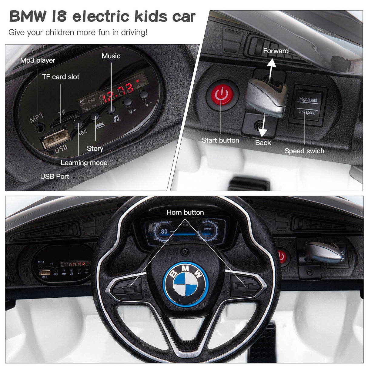 Licensed BMW i8 Kids Ride-On Car with Remote Control, MP3 Player, and LED Lights - 12V Electric Vehicle