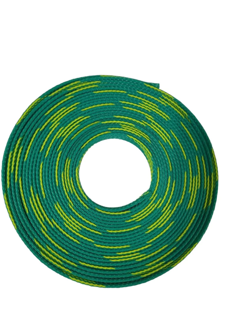 25 FT 1/2" GREEN WITH YELLOW STRIPE PET EXPANDO SLEEVING BRAID AC/DC WIRE AND SUPPLY