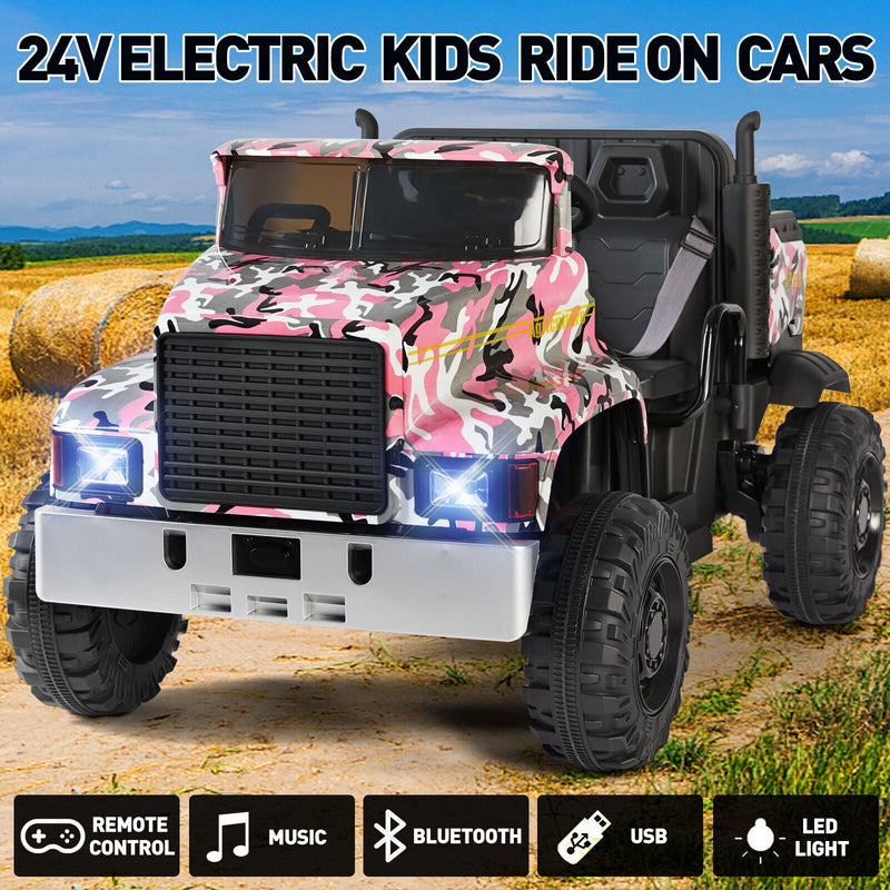 Camo Pink Ride-On Tractor with Trailer, Dump Bed, RC Control, and Bluetooth - 3 Speed Options