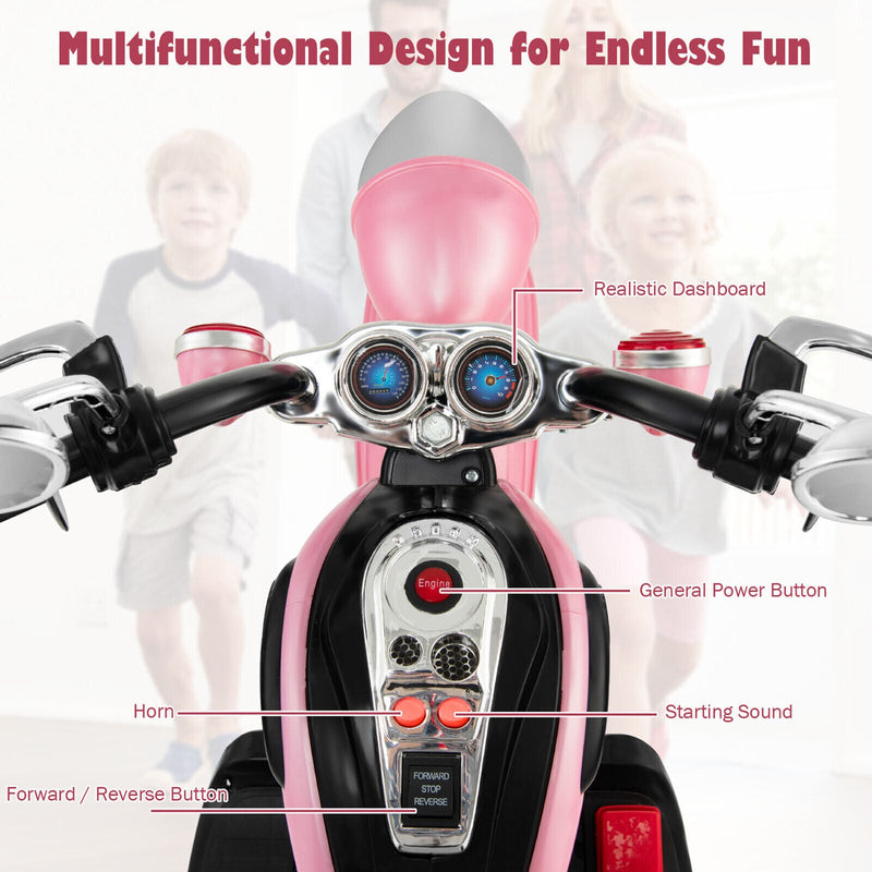 Chic Pink 3-Wheel Chopper Motorcycle for Kids with Headlight