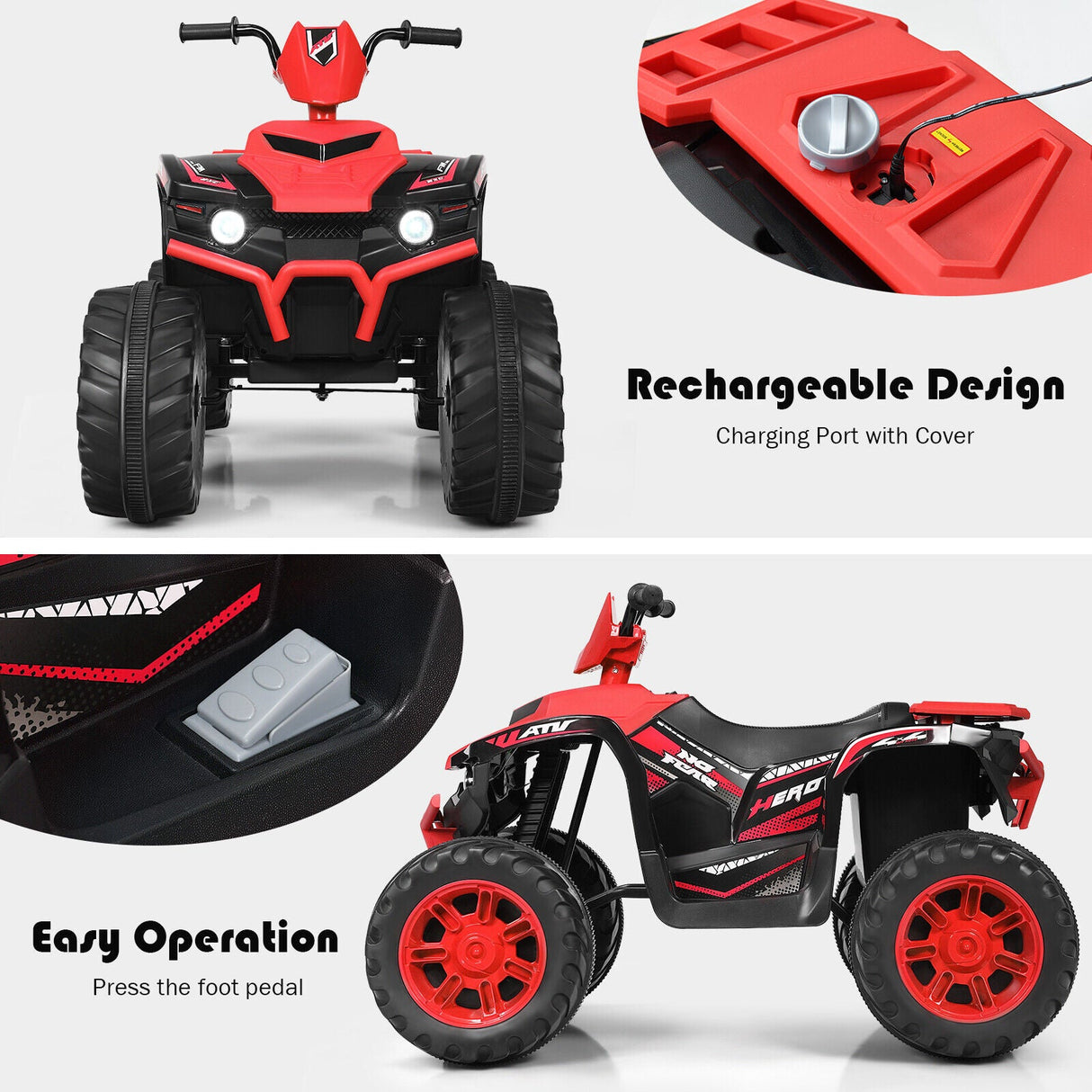 Costway 12V Kids ATV Quad Ride On Car with LED Light & Music in Red
