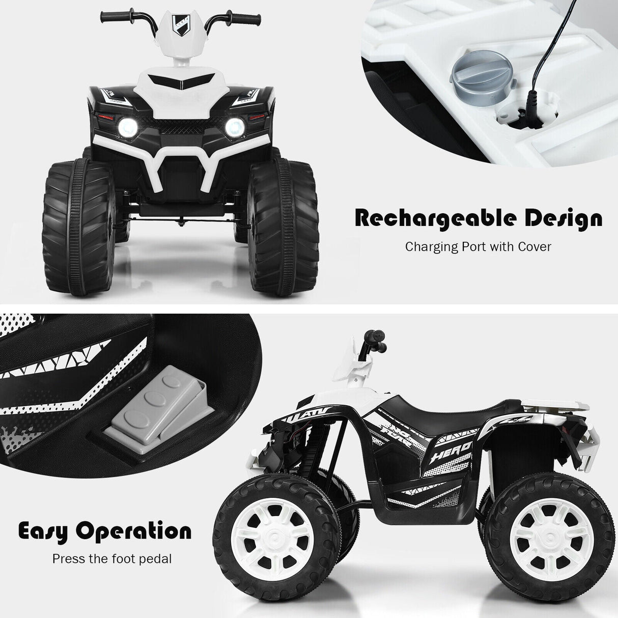 Costway 12V Kids ATV Quad Ride On Car with LED Light & Music - White