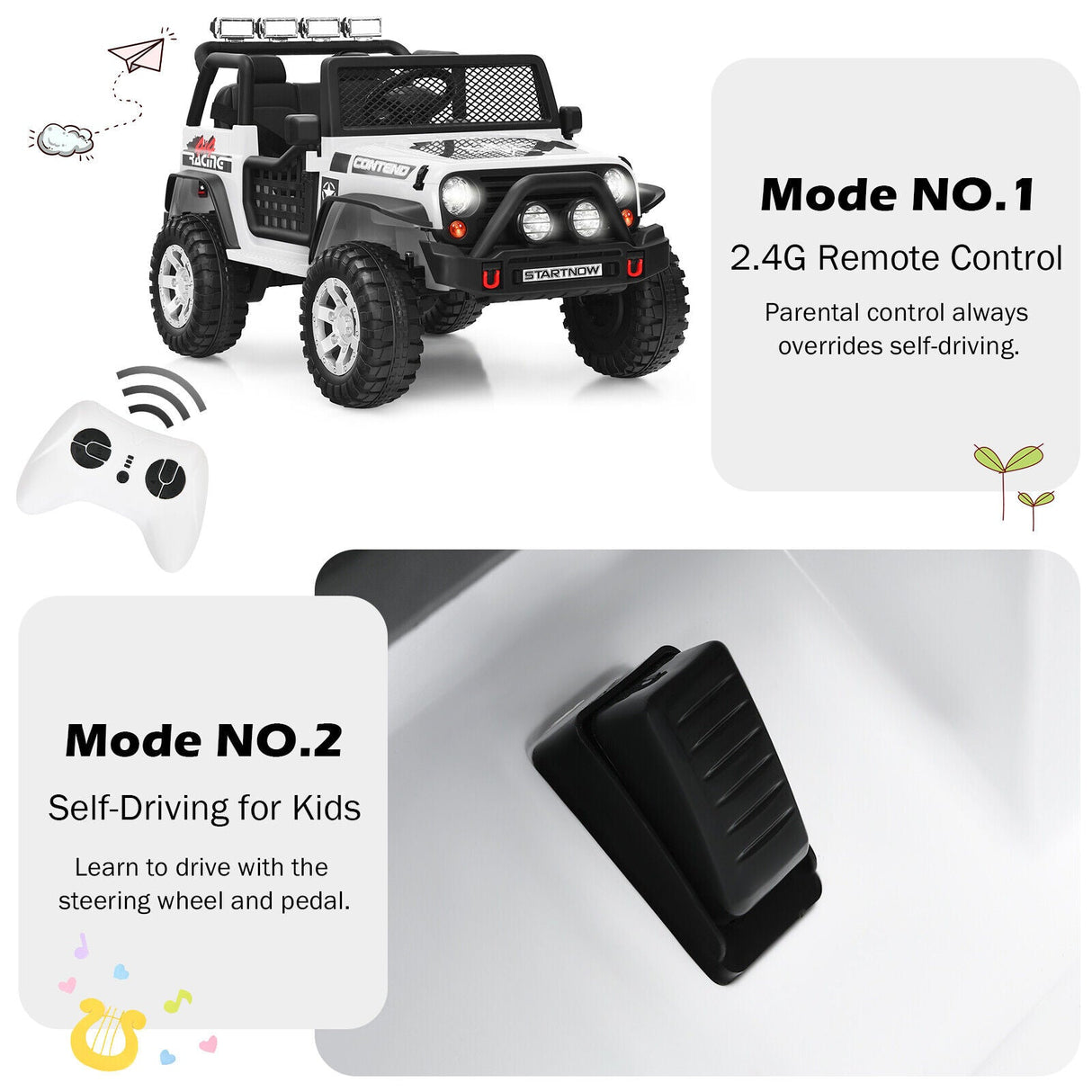 Costway 12V Kids Ride On Truck with Remote Control, Lights, and Music - White