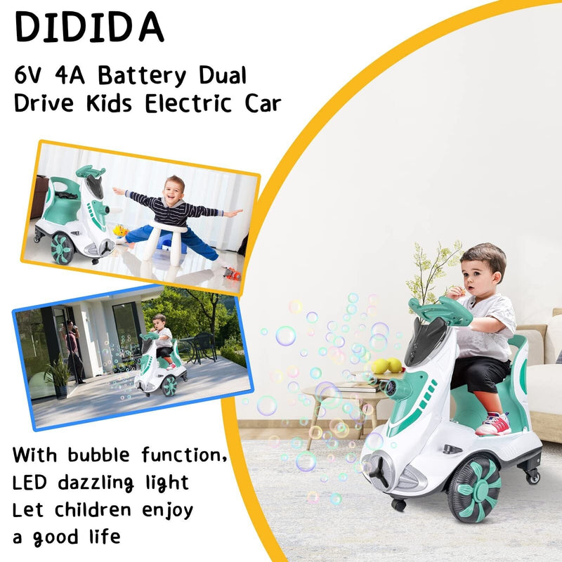 Didida 6V Dual Drive Kids Ride on Car with Automatic Bubble Function and Fun Accessories