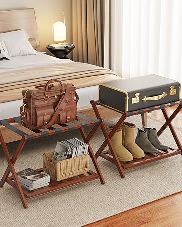 2 Pack Bamboo Luggage Rack with Lower Fabric Storage Shelf