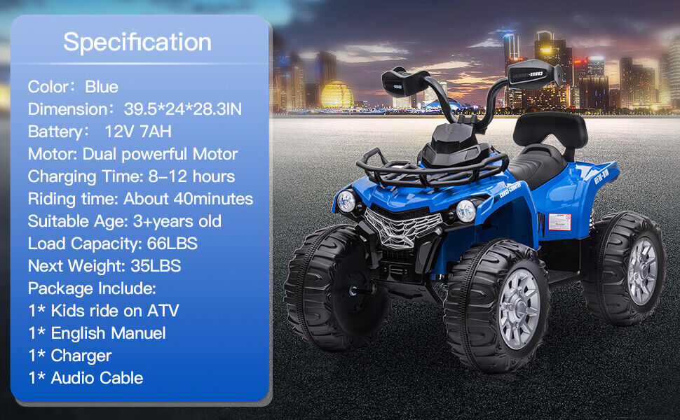 Electric 12V ATV Quad for Kids with LED Lights, Music, and USB