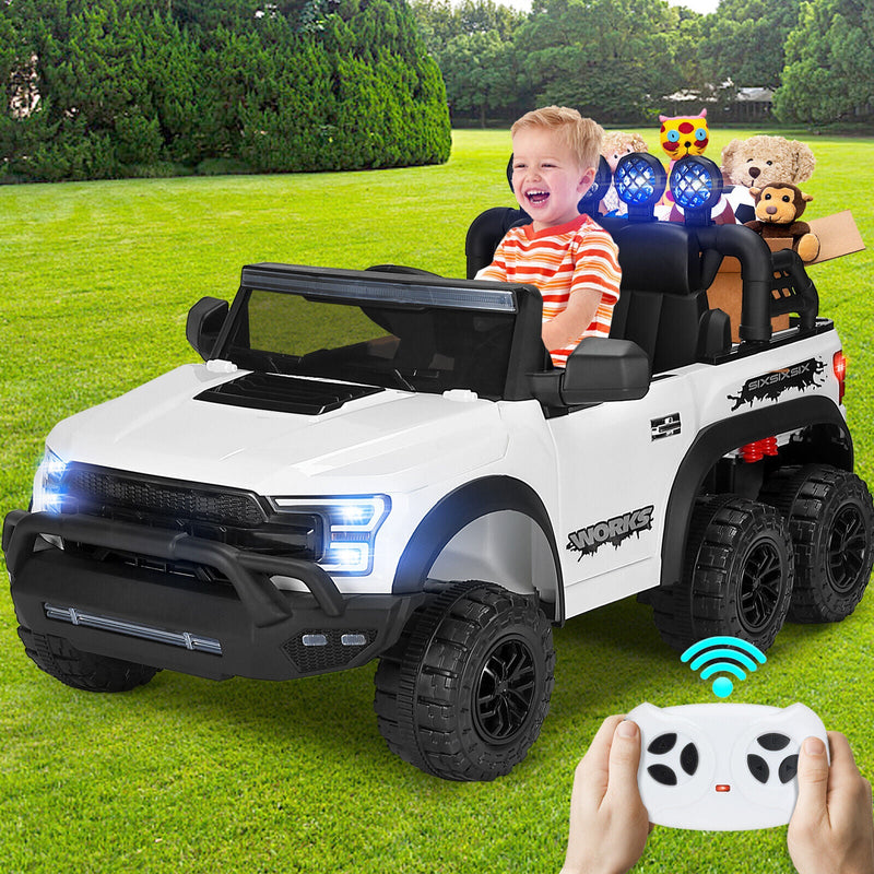 Electric 12V Kids Ride On Pickup Truck with MP3, LED Lights, and 6 Wheels in White and Pink