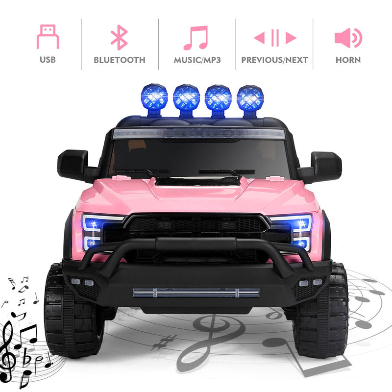 Electric 12V Kids Ride On Pickup Truck with MP3, LED Lights, and 6 Wheels in White and Pink