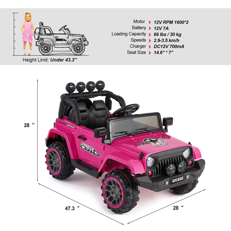 12V Electric Toy Jeep for Kids with Remote Control, USB, and Bluetooth Connectivity
