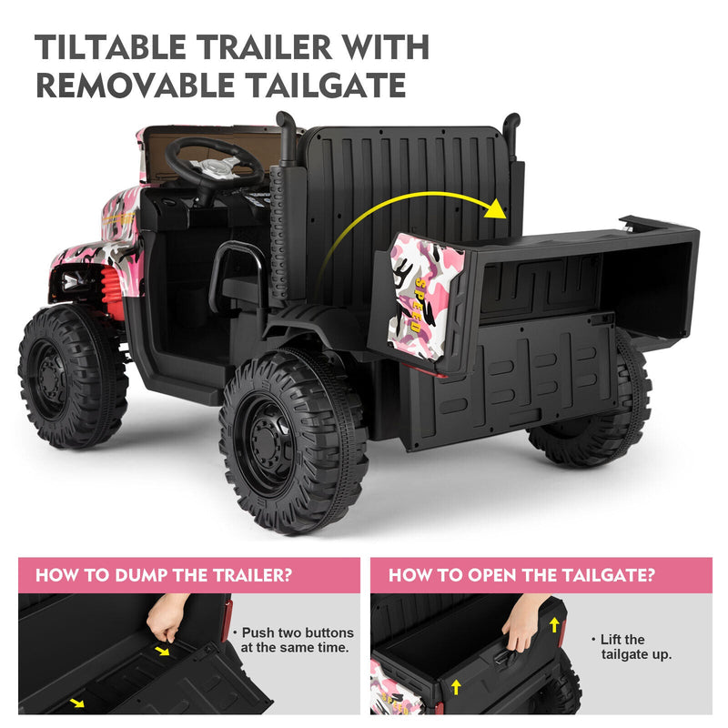 Electric 2-Seater Kids Ride On Truck Tractor with Trailer and Remote Control - 3 Speeds, Pink