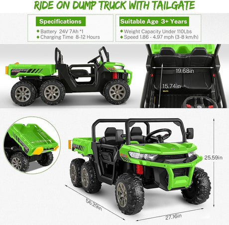 Electric 2 Seater UTV Car for Kids with 4WD and Dump Bed - 24V Powerful Vehicle