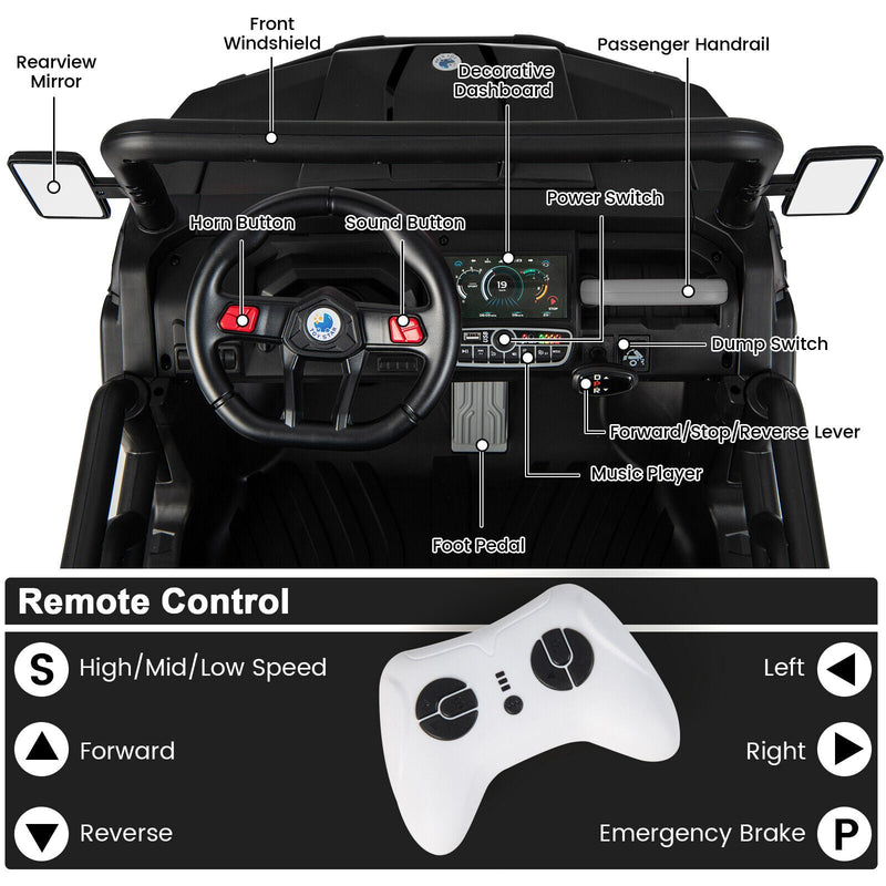 Electric 2 Seater UTV Dump Truck with Remote Control, Dump Bed, and Shovel - Black