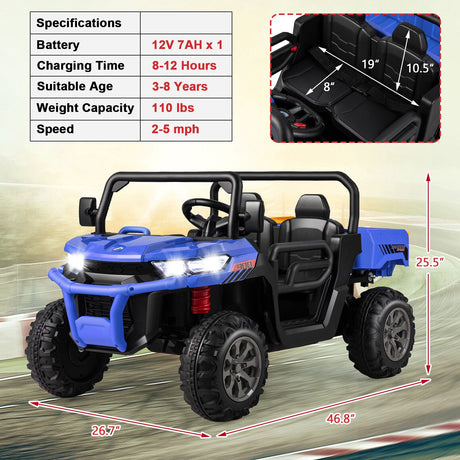 Electric 2 Seater UTV Dump Truck with Remote Control, Dump Bed, and Shovel - Blue