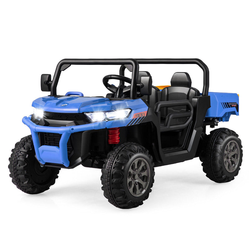 Electric 2 Seater UTV Dump Truck with Remote Control, Dump Bed, and Shovel - Blue