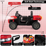 Electric 2 Seater UTV Dump Truck with Remote Control, Dump Bed, and Shovel - Red