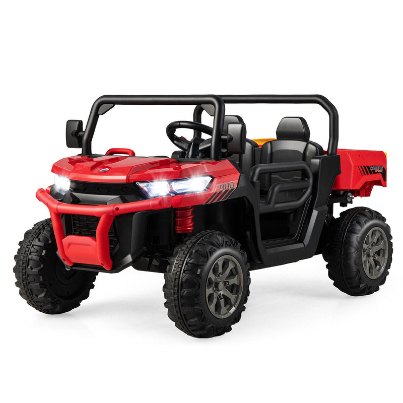 Electric 2 Seater UTV Dump Truck with Remote Control, Dump Bed, and Shovel - Red