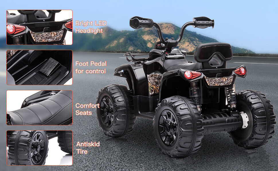 Electric 4-Wheeler Quad for Kids with MP3 and Headlights - 2 Speeds, 12V, Black
