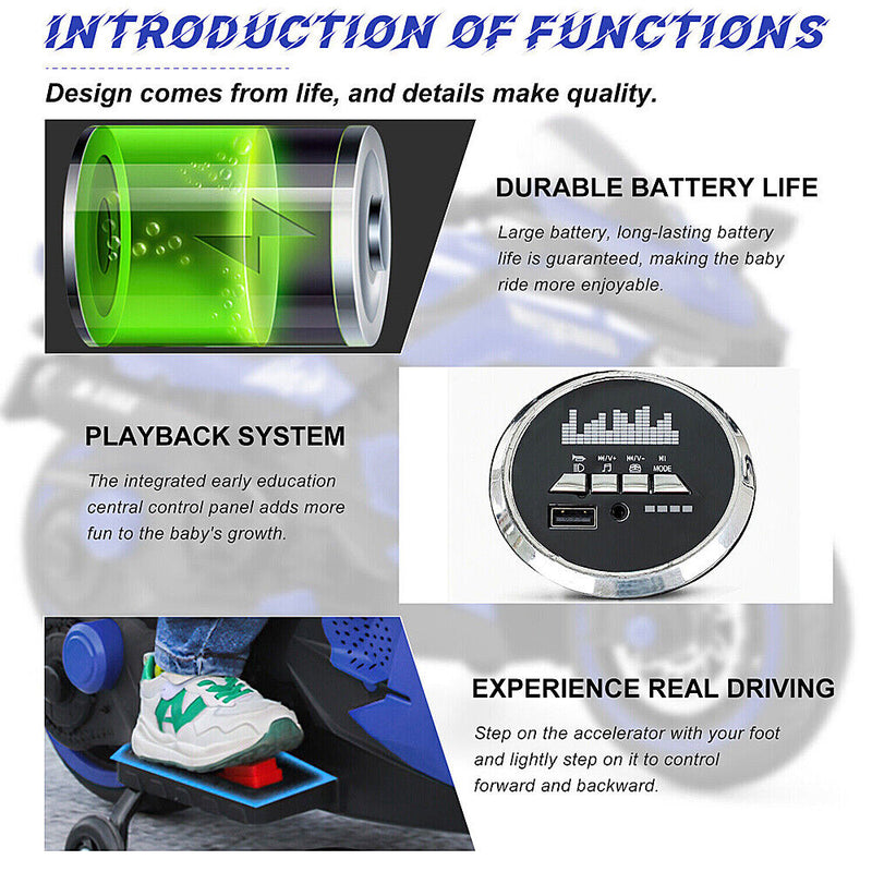 Electric 2-Wheel Kids Motorbike with Music and LED Lights - 12V Battery Powered