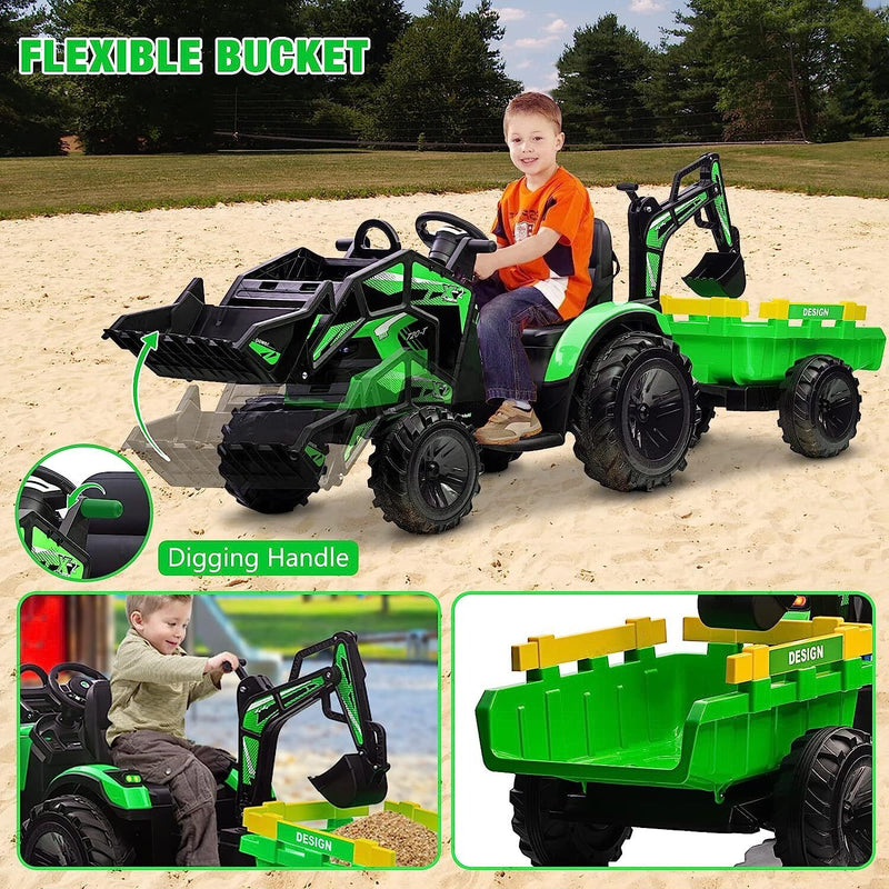 Electric 24V Tractor with Trailer and LED Music - 3-in-1 Kid Ride On Excavator Bulldozer