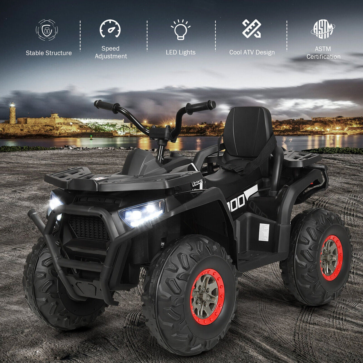 Electric 4-Wheeler ATV Quad Ride On Car for Kids with LED Lights - 12V Black