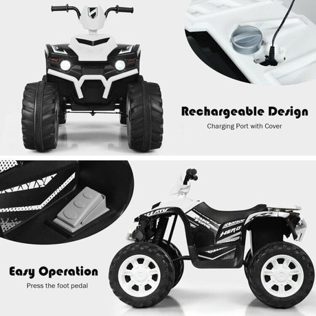 Electric 4-Wheeler ATV Quad Ride On Car for Kids with LED Lights and Music - White