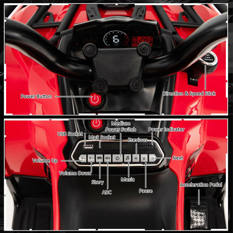 Electric 4-Wheeler Quad for Kids with 2 Speeds, MP3 Player, and Headlights - Red