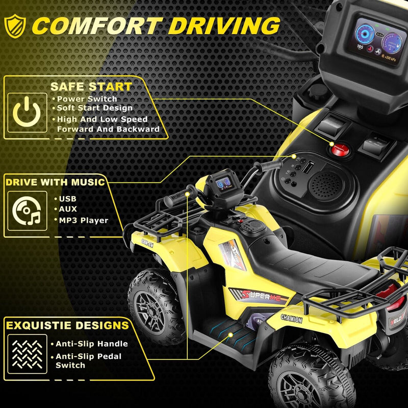 Electric 4-Wheeler Quad for Kids with MP3 & Headlights - 2 Speeds, 12V, Yellow