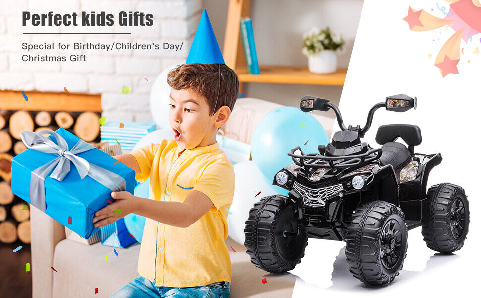 Electric Kids Ride On ATV 4-Wheeler Quad with Music and LED Lights - 12V, Black