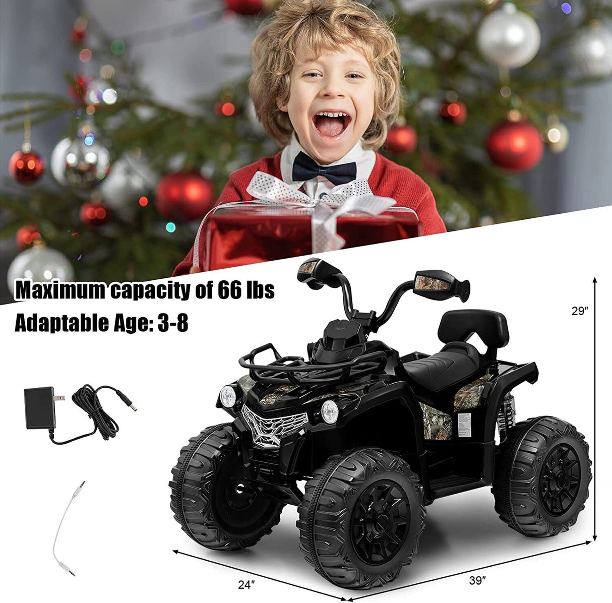 Electric Kids Ride On ATV 4-Wheeler Quad Car Toy with Music and Headlights - 2 Speed Options