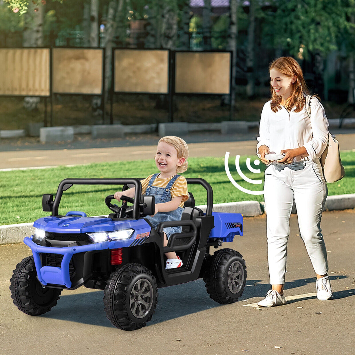 Electric Blue 2 Seater UTV Dump Truck with Remote Control, Dump Bed, and Shovel