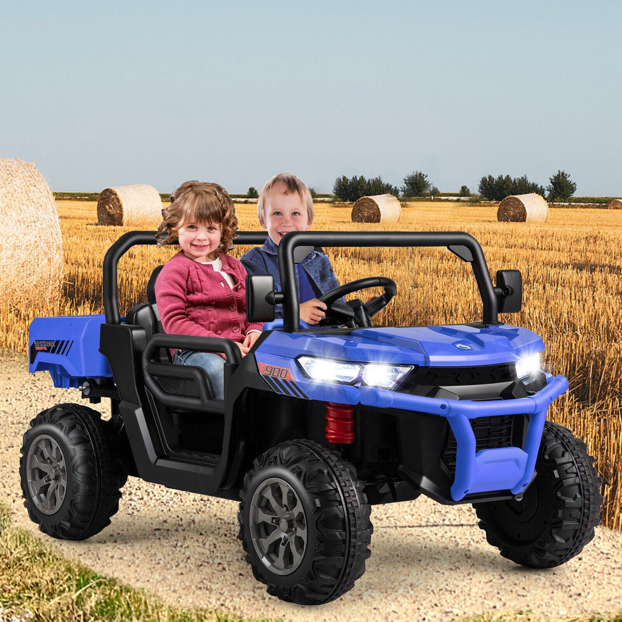 Electric Blue 2 Seater UTV Dump Truck with Remote Control, Dump Bed, and Shovel