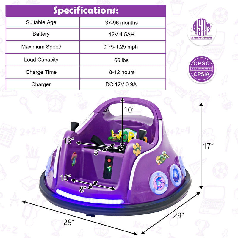 Electric Bumper Car for Kids with Remote Control, LED Lights, and Music - Purple