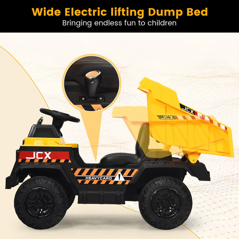 Electric Dump Truck RC Construction Tractor for Kids - 12V Battery Powered with Functional Bucket