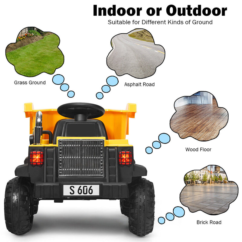 Electric Dump Truck RC Construction Tractor for Kids - 12V Battery Powered with Functional Bucket
