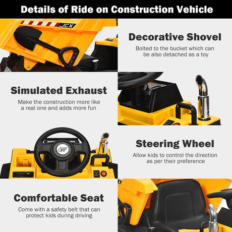 Electric Dump Truck RC Construction Tractor for Kids - 12V Battery Powered with Functional Bucket