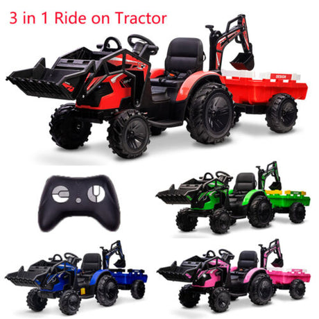 Electric Excavator & Bulldozer Toy Car with Trailer and Music for Kids (24V)