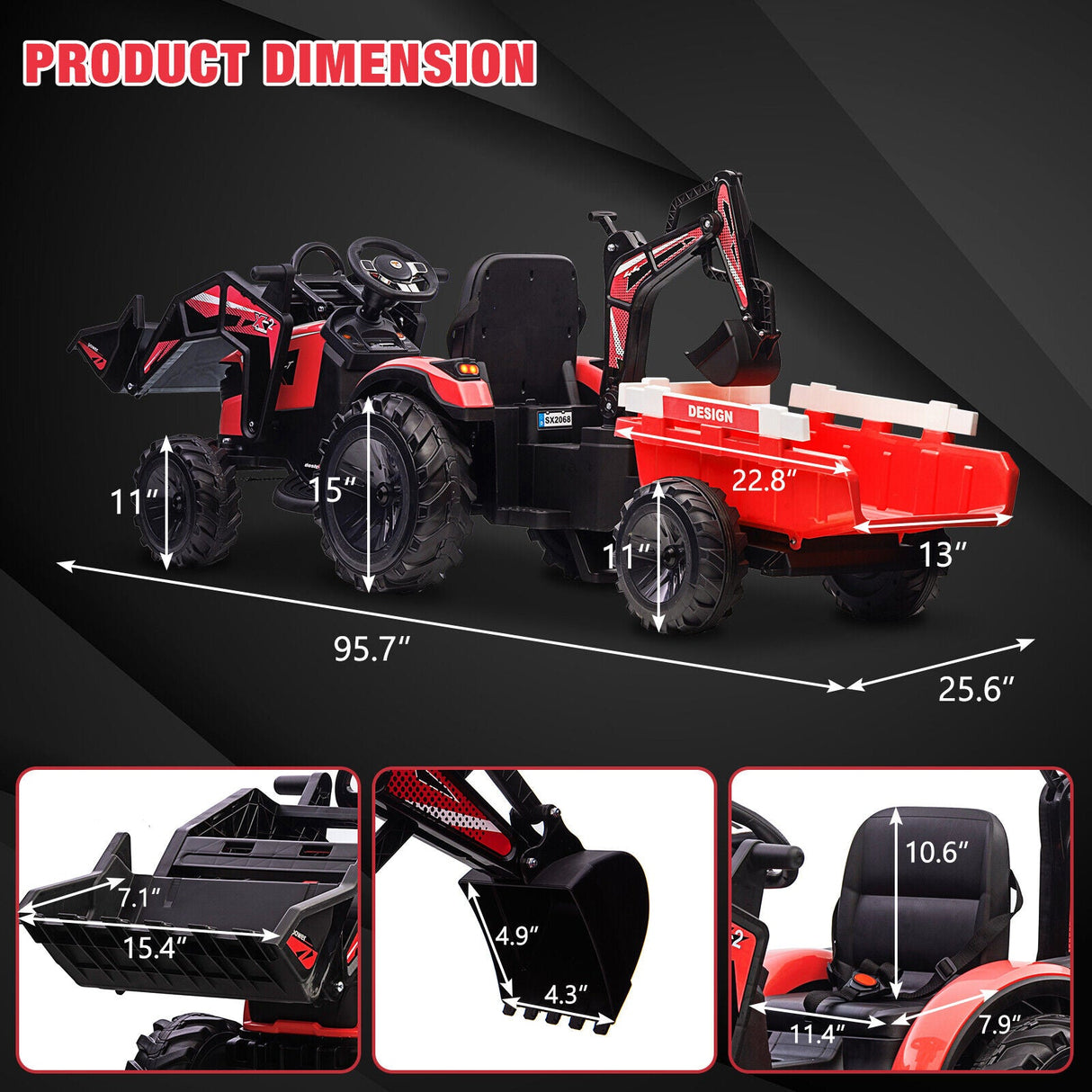 Electric Excavator & Bulldozer Toy Car with Trailer and Music for Kids (24V)