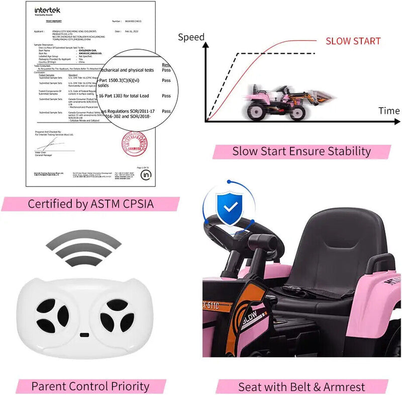 Electric Ride-On Excavator Tractor for Kids with Battery-Powered Digger and LED Lights