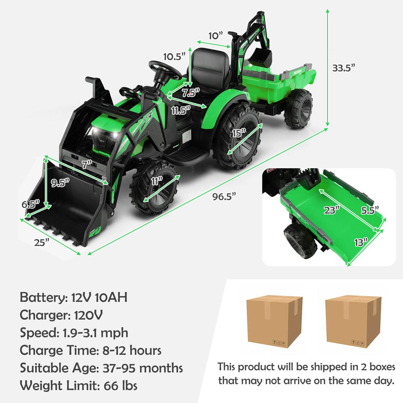 Electric Excavator Ride-On Toy for Kids with 12V Battery and 2 Modes - Green