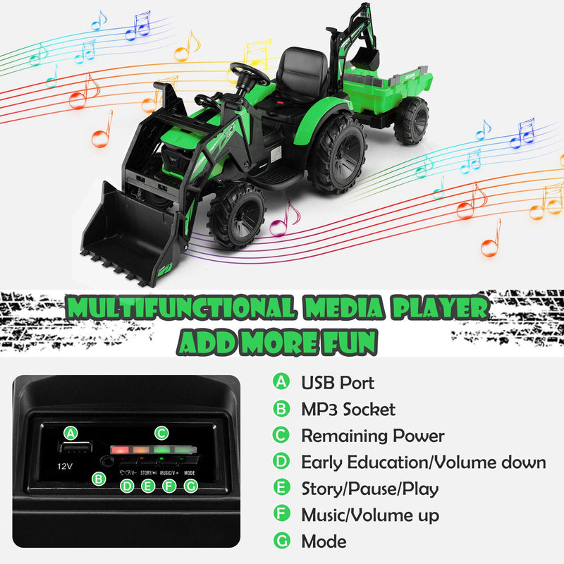 Electric Excavator Ride-On Toy for Kids with 12V Battery and 2 Modes - Green