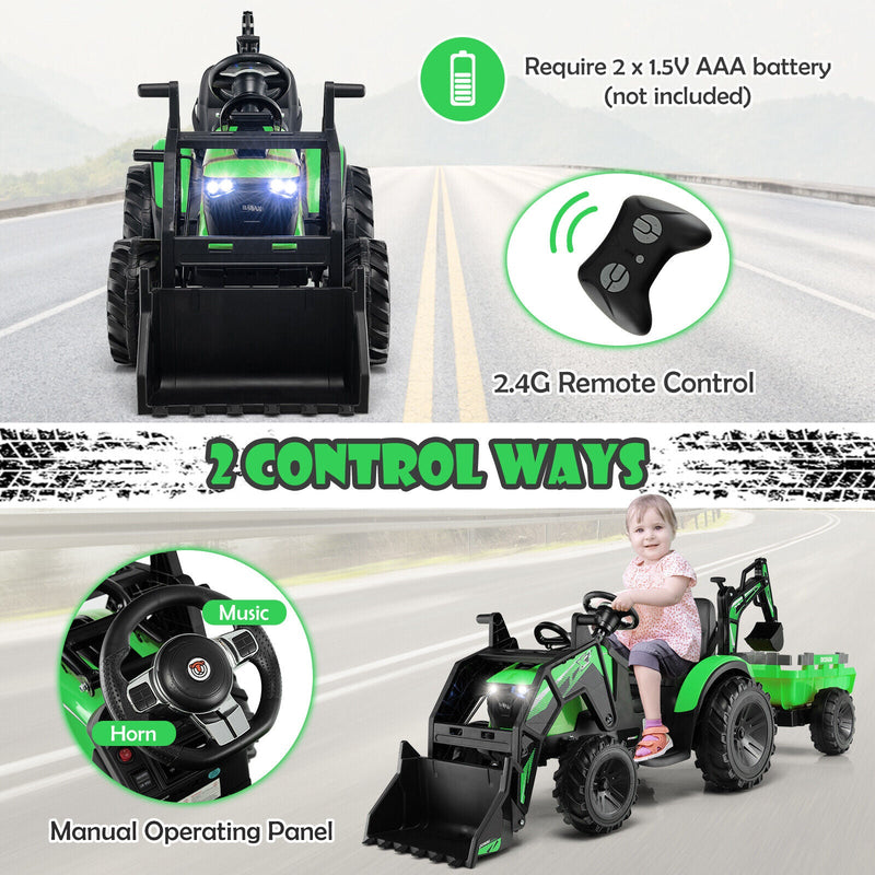 Electric Excavator Ride-On Toy for Kids with 12V Battery and 2 Modes - Green