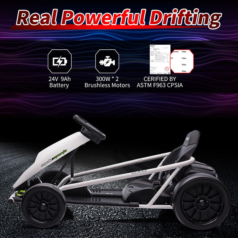 Electric Go Cart with 24V Battery, 300WX2 Motors, and 8MPH High Speed Drifting Capability