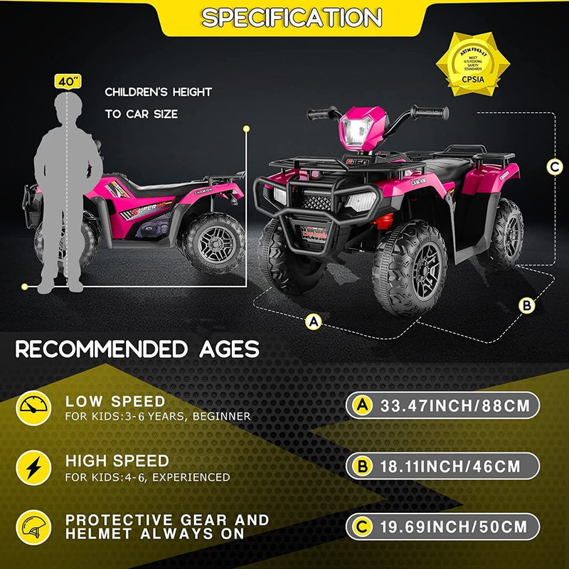 Electric 4-Wheeler ATV Quad for Kids with LED Lights, USB and MP3 Player - Suitable for Boys and Girls Ages 3-8