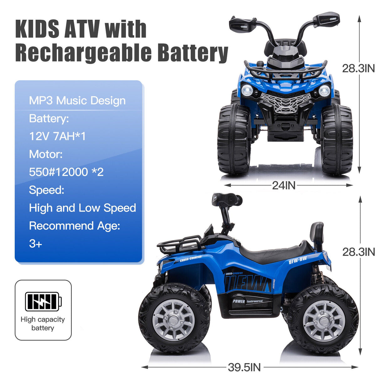 Black Quad 4-Wheeler Electric Ride On Car for Kids with Music and LED Lights - Brand New in the US