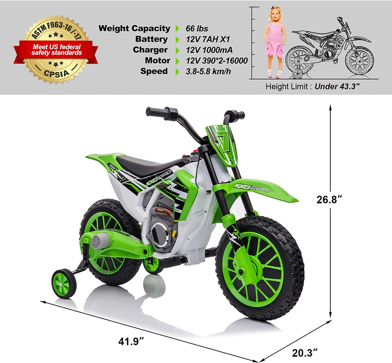 Electric Kids Dirt Bike with Training Wheels - 12V7AH Battery Powered, 2 Speeds