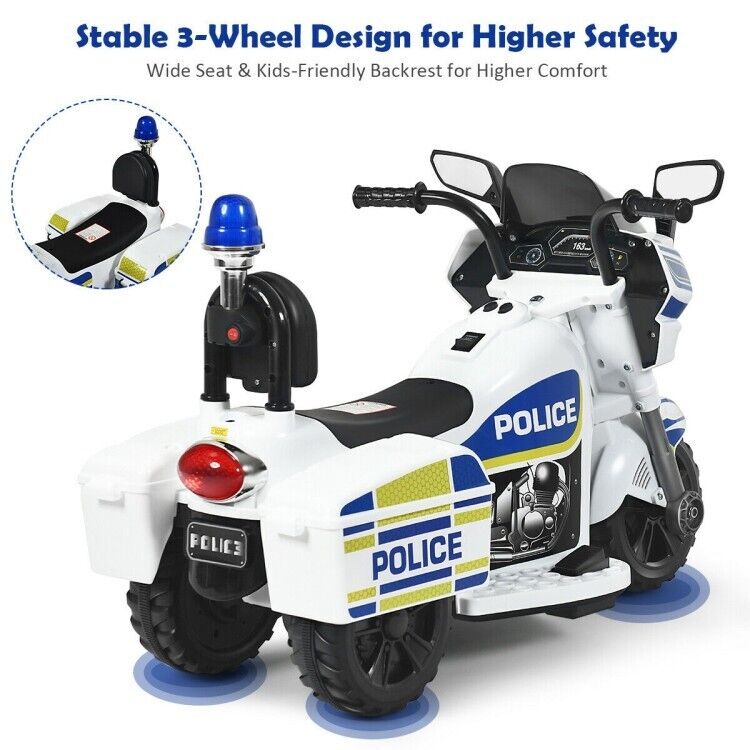 Electric Kids Police Ride On 3 Wheel Motorcycle with MP3 Player - Toddler Car Toy